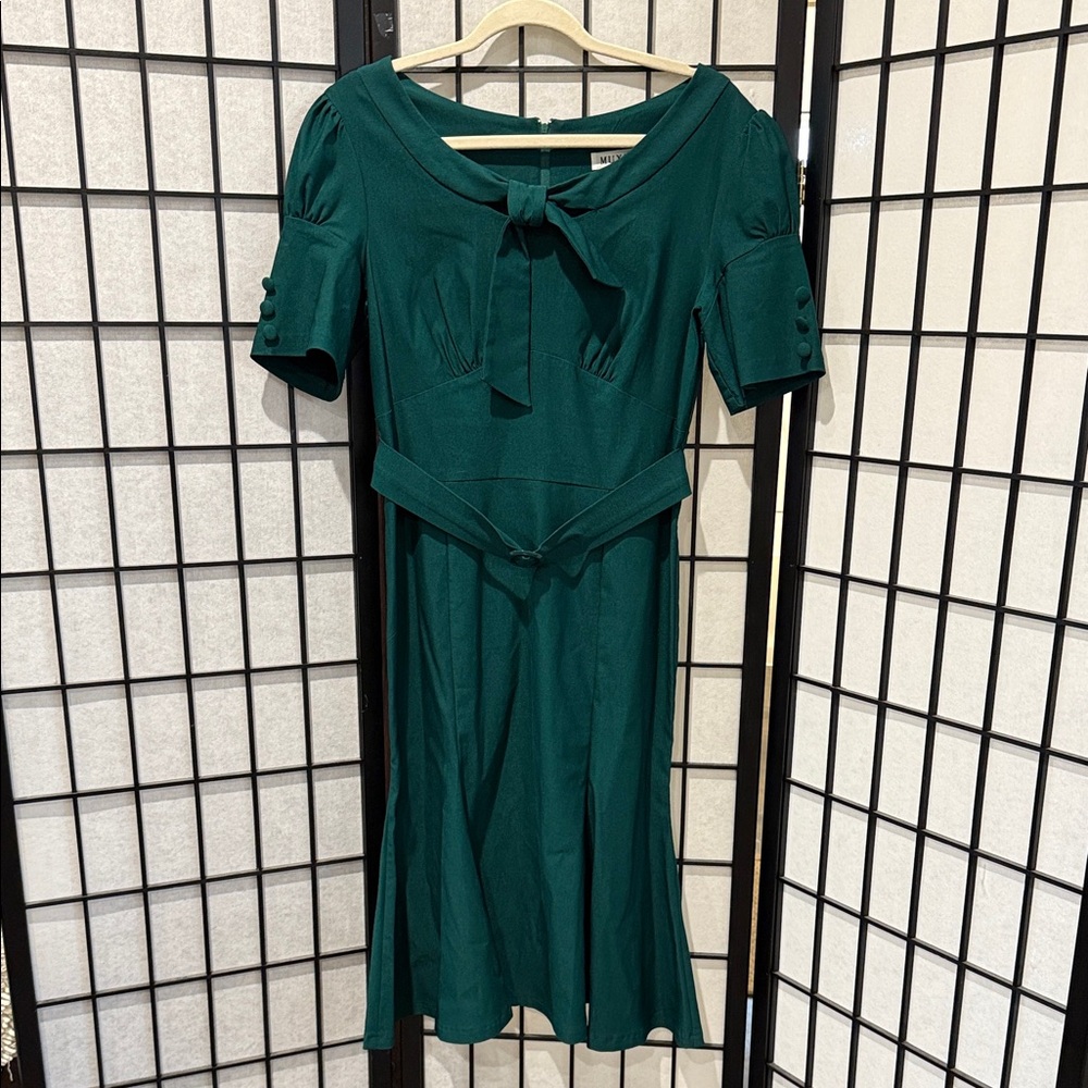 Chic Teal Midi Dress with Bow Detail